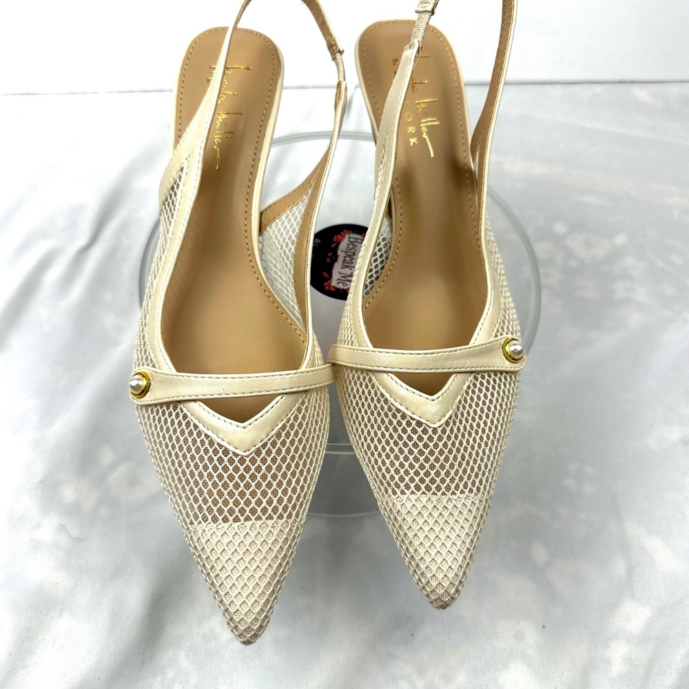 Nicole Miller New York Pearl Mesh Slingback Pump Womens 8 Cream Pointed Toe Heel